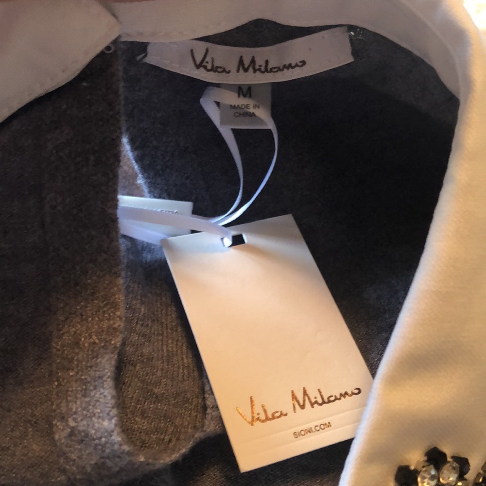 Vila Milano Gray sweater w/embellished beads & rhinestone pt.collar Size Medium - Picture 9 of 9